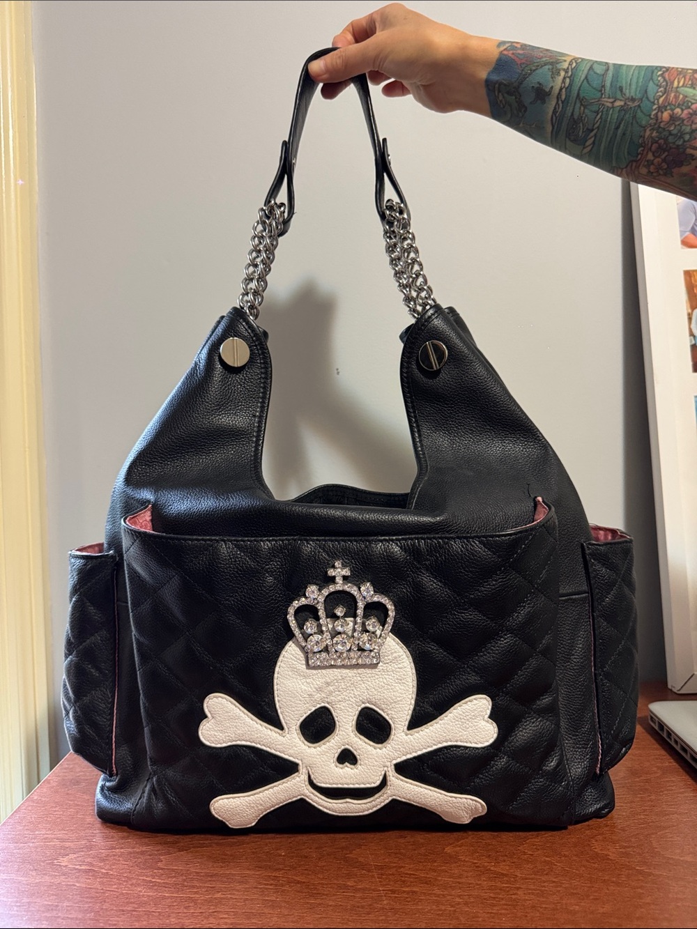 Black Quilted Skull & Crown Shoulder Bag